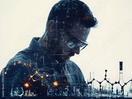 A scientist in deep thought, surrounded by chemical formulas and laboratory equipment, representing innovation and research. photo