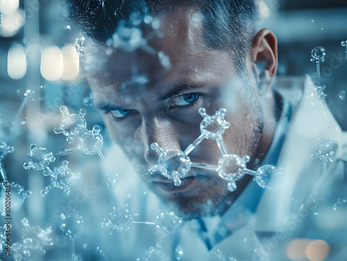 Wallpaper Mural Focused scientist analyzing molecular structure in a lab setting, surrounded by scientific equipment and glassware. Torontodigital.ca