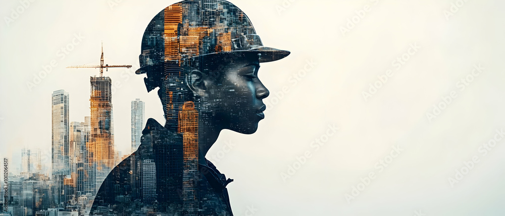 A thoughtful construction worker with a silhouette overlay of a city skyline.
