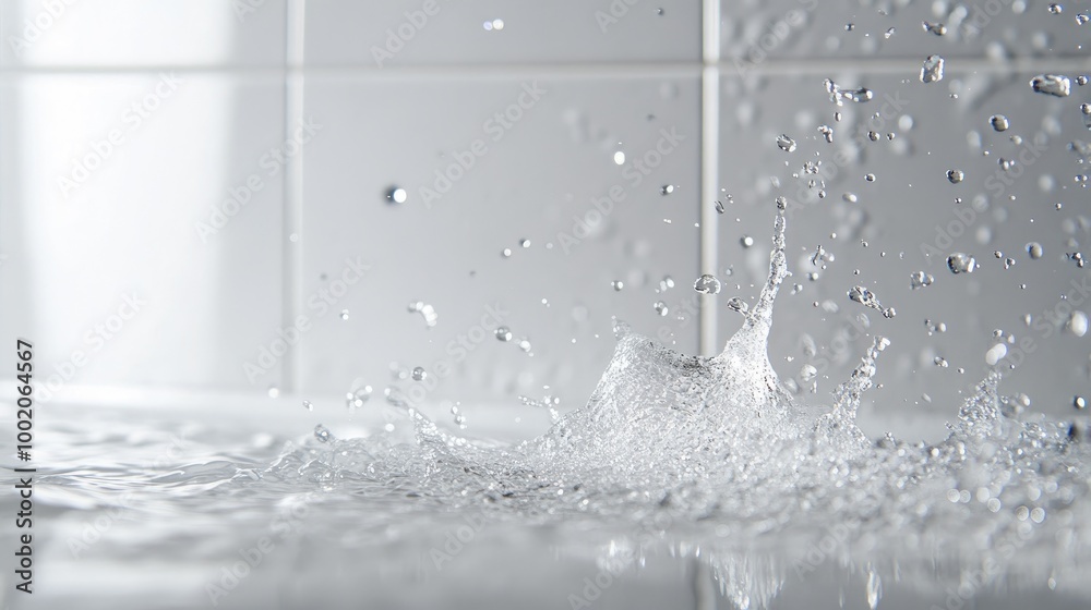 Water droplets splashing on a clear glass shower screen in a minimalist bathroom with clean, white tiles and modern fixtures - Water droplets splashing on a clear glass shower screen in a minimalist bathroom with clean, white tiles and modern fixtures -