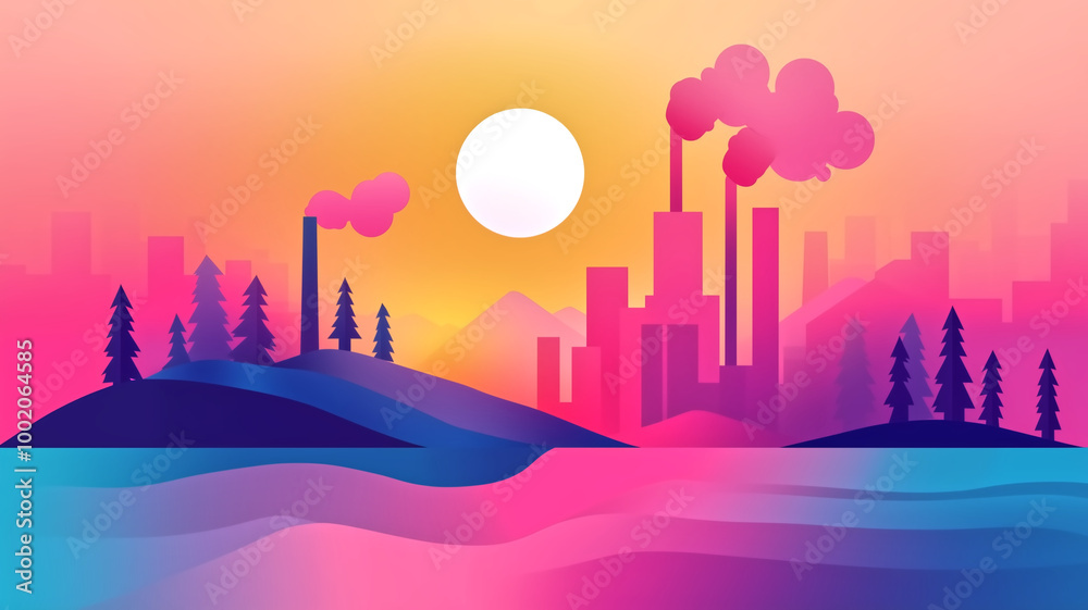 A vibrant, stylized landscape featuring factories emitting smoke, with a colorful sunset over water and silhouettes of trees. A vibrant, stylized landscape featuring factories emitting smoke, with a colorful sunset over water and silhouettes of trees.