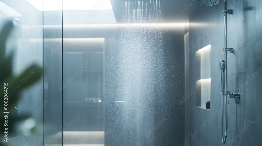 Water spray from a handheld showerhead creating a misty, refreshing atmosphere in a modern bathroom with glass doors and a sleek, minimal design Water spray from a handheld showerhead creating a misty, refreshing atmosphere in a modern bathroom with glass doors and a sleek, minimal design