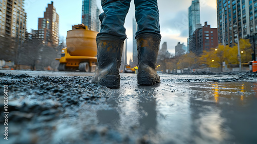 Construction worker's boots in wet concrete on a city street, with urban skyline in the background.