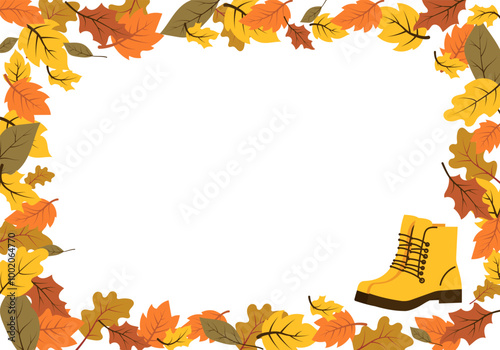 Banner with free space for text,  the orange autumn boots and fall leaves. Vector illustration. EPS 10