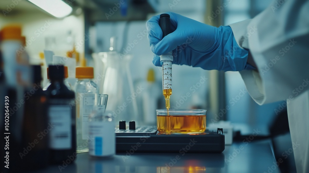 A side view of a doctor calibrating a pH meter using a standard buffer solution, ensuring precise readings in future tests. A side view of a doctor calibrating a pH meter using a standard buffer solution, ensuring precise readings in future tests.