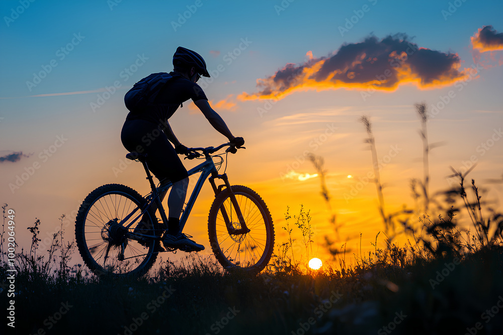 Fototapeta premium Man on mountain bike against sundown sky silhouette