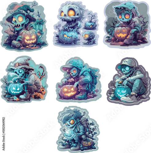 set die cut sticker off a Cute zombie holding a glowing icy-blue pumpkin, cartoon style, cool blue and green colors, eerie yet playful mood