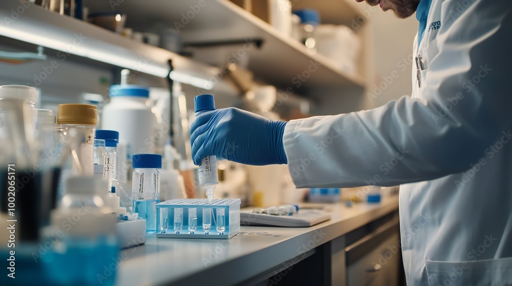 A side view of a doctor conducting a filtration test on water from an urban source, with lab equipment and samples spread out on the bench. A side view of a doctor conducting a filtration test on water from an urban source, with lab equipment and samples spread out on the bench.