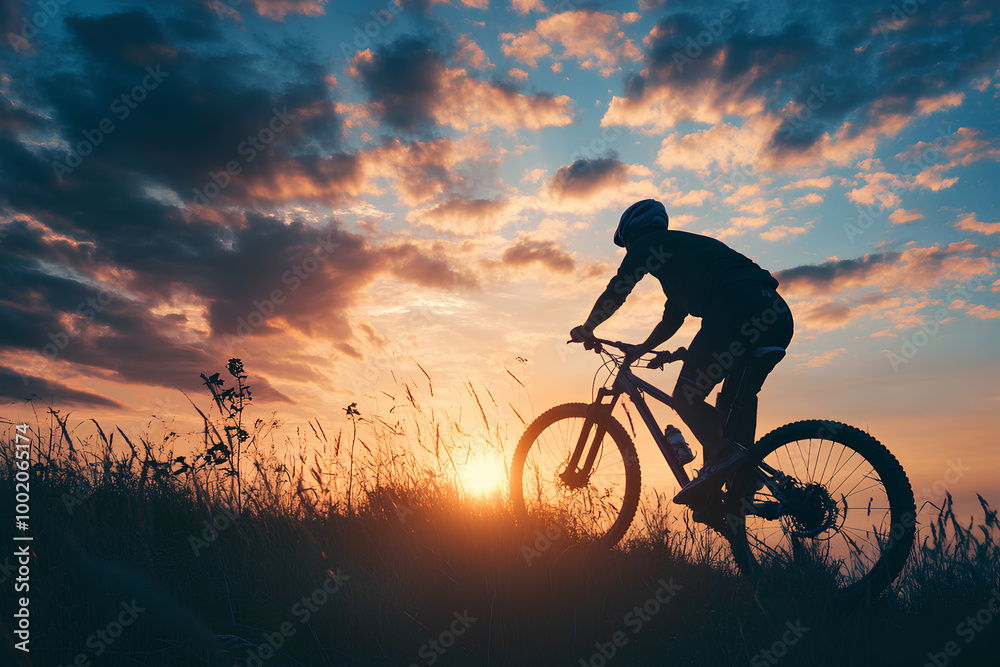 Obraz premium Man on mountain bike against sundown sky silhouette