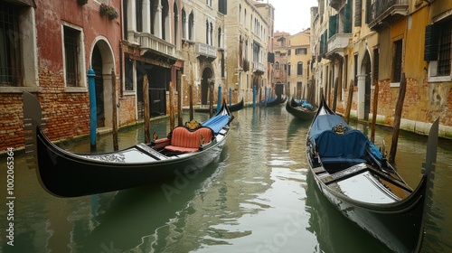 The canals of Venice, with gondolas docked and no movement in the water, completely still.