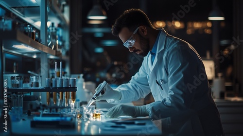 A side view of a doctor conducting pH tests on water samples in a research lab, surrounded by various scientific instruments.