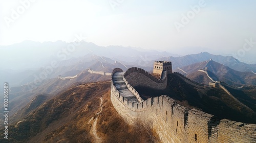 The Great Wall of China stretching over the hills, completely empty of tourists, under a bright sky.