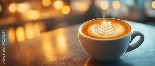 A beautifully crafted latte in a white cup, showcasing intricate latte art on top, placed on a wooden surface. photo