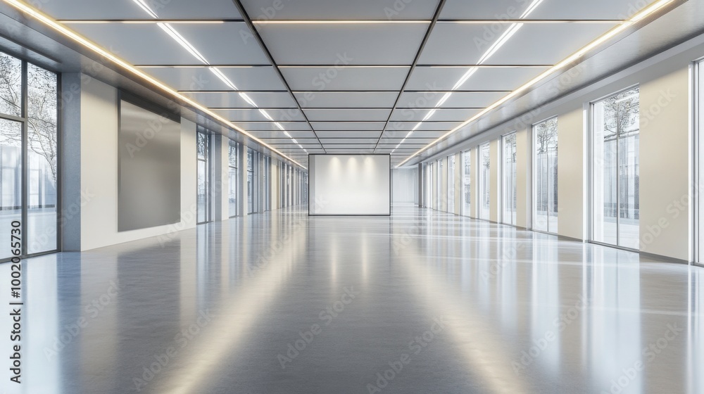 Fototapeta premium Mock up frame in a large empty exhibition hall with light cream walls and sleek grey floors, 3D render 