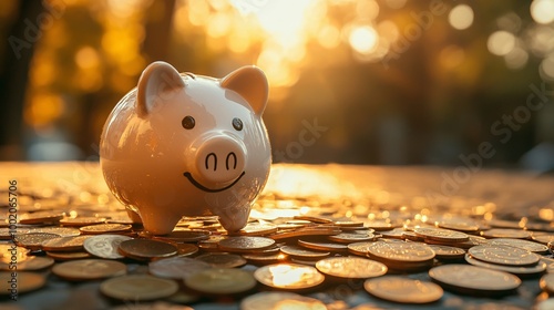 A transparent piggy bank brimming with coins symbolizes wise financial decisions and the journey toward prosperity. photo