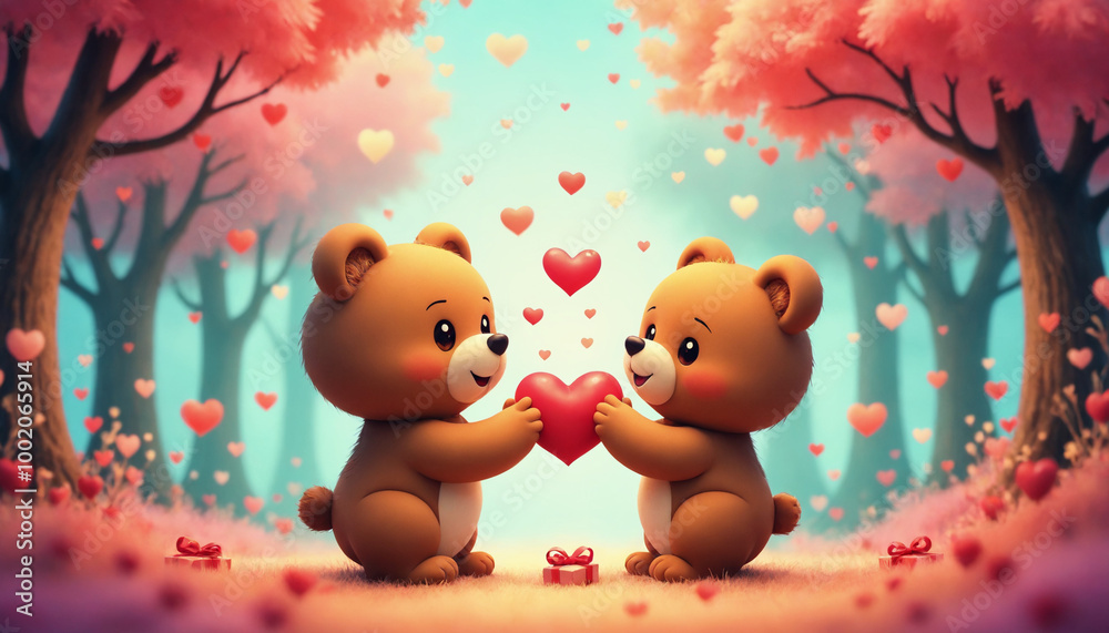 Fototapeta premium Two cute teddy bears sharing heart in love, joyful mood, pink forest background, playful scene