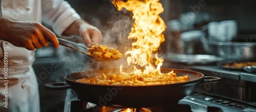 Chef cooking food in a pan with flames.