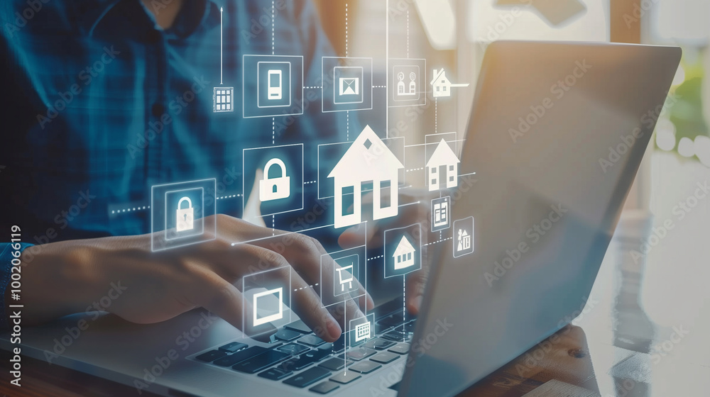Businessman using a laptop with a house icon to analyze mortgage loans, home insurance, and real estate investments, focusing on interest rates and investment planning.
Businessman using a laptop with a house icon to analyze mortgage loans, home insurance, and real estate investments, focusing on interest rates and investment planning.