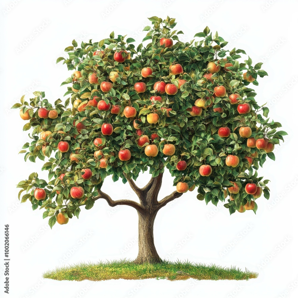 A fully grown apple tree loaded with ripe red and yellow apples among green leaves, isolated against a plain white background with grass beneath. A fully grown apple tree loaded with ripe red and yellow apples among green leaves, isolated against a plain white background with grass beneath.