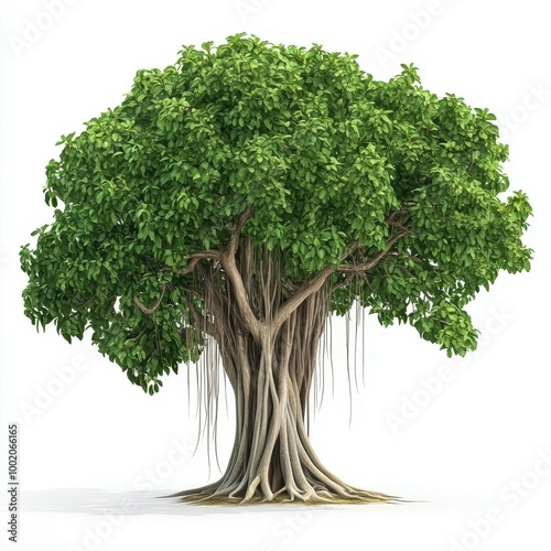 A large banyan tree with a broad green canopy and prominent aerial roots hanging down from its branches, isolated on a white background.