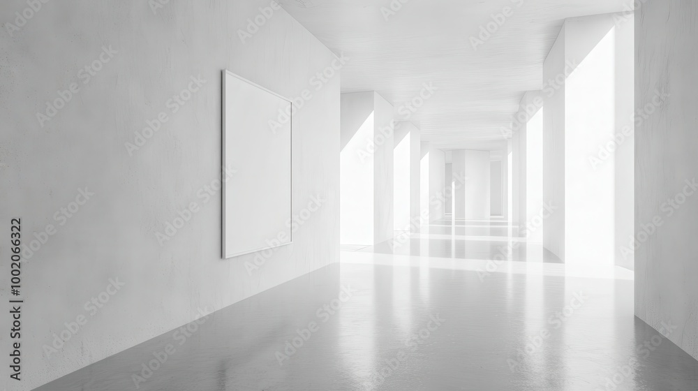 Mock up frame in a modern empty exhibition space with muted green walls and polished marble floors, no decorations, 3D render Mock up frame in a modern empty exhibition space with muted green walls and polished marble floors, no decorations, 3D render