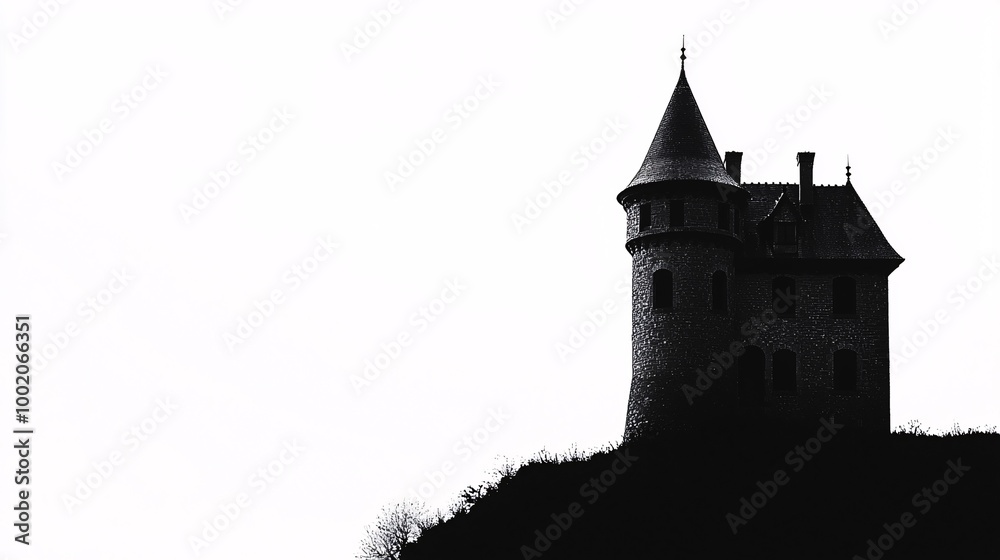 Obraz premium A turret silhouette mockup against a clean white backdrop, ideal for displaying architectural concepts or imaginative poster designs with ample space for text.