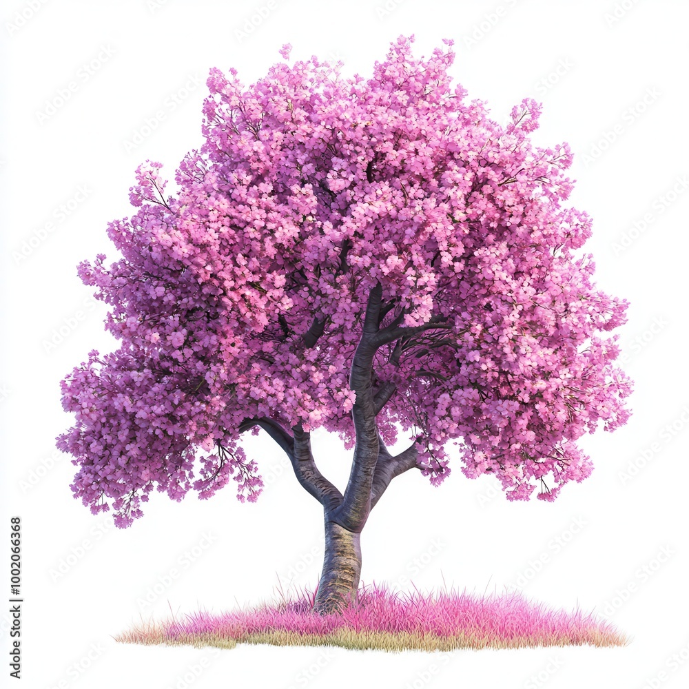 Fototapeta premium A cherry blossom tree in full bloom with dense pink flowers and dark branches, standing on a patch of bright pink grass, isolated.