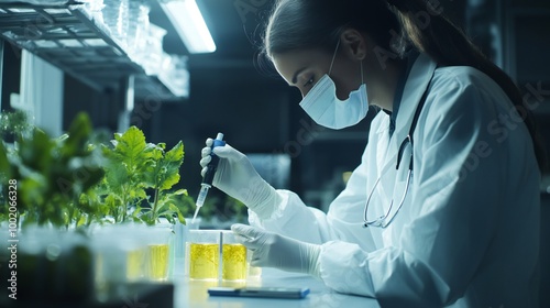 A side view of a doctor testing the pH of water samples used in agriculture, ensuring suitability for crop irrigation.
