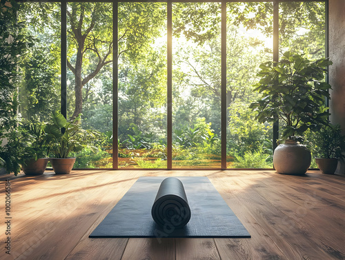 Wallpaper Mural A serene yoga space featuring a rolled yoga mat and lush greenery through large windows, creating a peaceful atmosphere. Torontodigital.ca