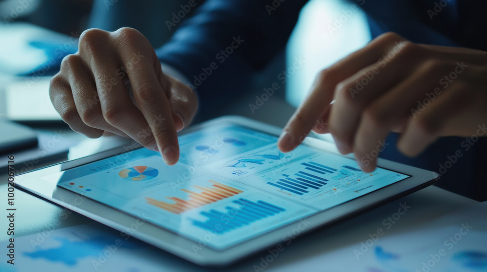 close up of hands interacting with tablet displaying various marketing strategy graphs and data visualizations, showcasing analytical insights and business performance close up of hands interacting with tablet displaying various marketing strategy graphs and data visualizations, showcasing analytical insights and business performance