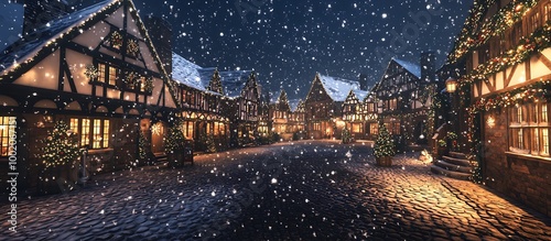 A festive atmosphere in a charming English town with snowflakes falling over beautifully decorated half-timbered houses and cobblestone pathways photo