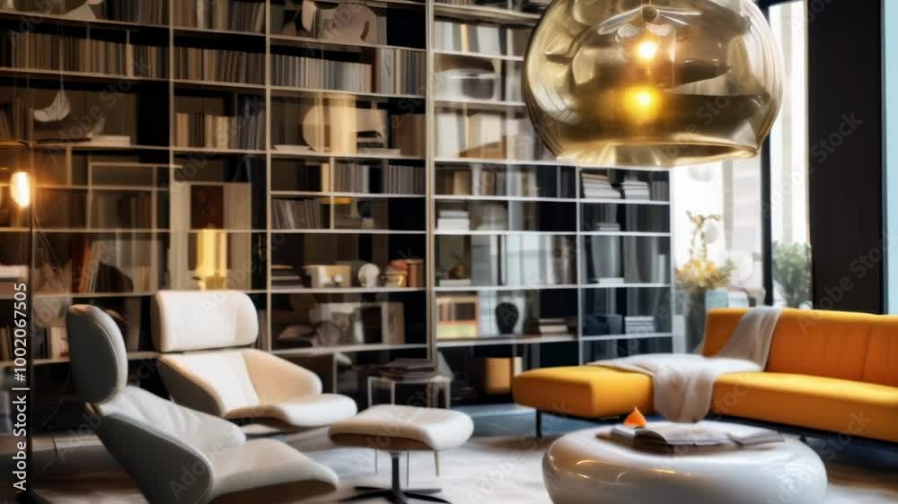 Spacious living room with yellow sofa, bookshelf, and golden lamp, perfect for relaxing and reading. Modern, luxurious design with stylish furniture and cozy decor elements Spacious living room with yellow sofa, bookshelf, and golden lamp, perfect for relaxing and reading. Modern, luxurious design with stylish furniture and cozy decor elements
