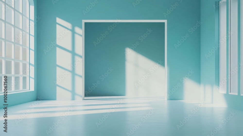 Obraz premium Mock up frame in an open, empty exhibition room with pale blue walls and smooth white floors