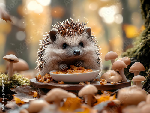 Adorable hedgehog sitting among mushrooms, enjoying its meal in a peaceful forest setting. photo