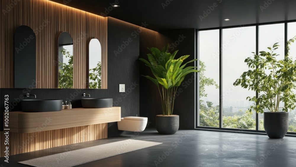 Fototapeta premium Modern Bathroom Interior Design with Wood and Black Accents