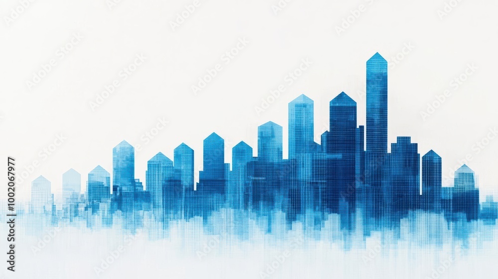 Obraz premium Abstract city skyline with banks shrinking in the background, symbolizing falling interest rates and their effect on the financial sector, modern economy, financial crisis concept