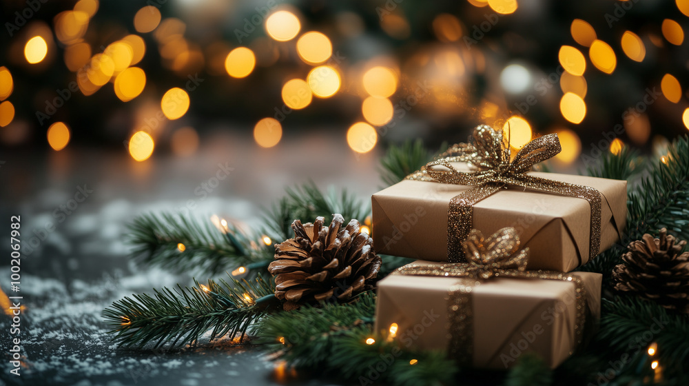 W tle rozświetlonym kolorowymi światełkami bokeh znajdują się starannie ułożone pudełka prezentowe w różnorodnych kolorach i wzorach. W tle rozświetlonym kolorowymi światełkami bokeh znajdują się starannie ułożone pudełka prezentowe w różnorodnych kolorach i wzorach.