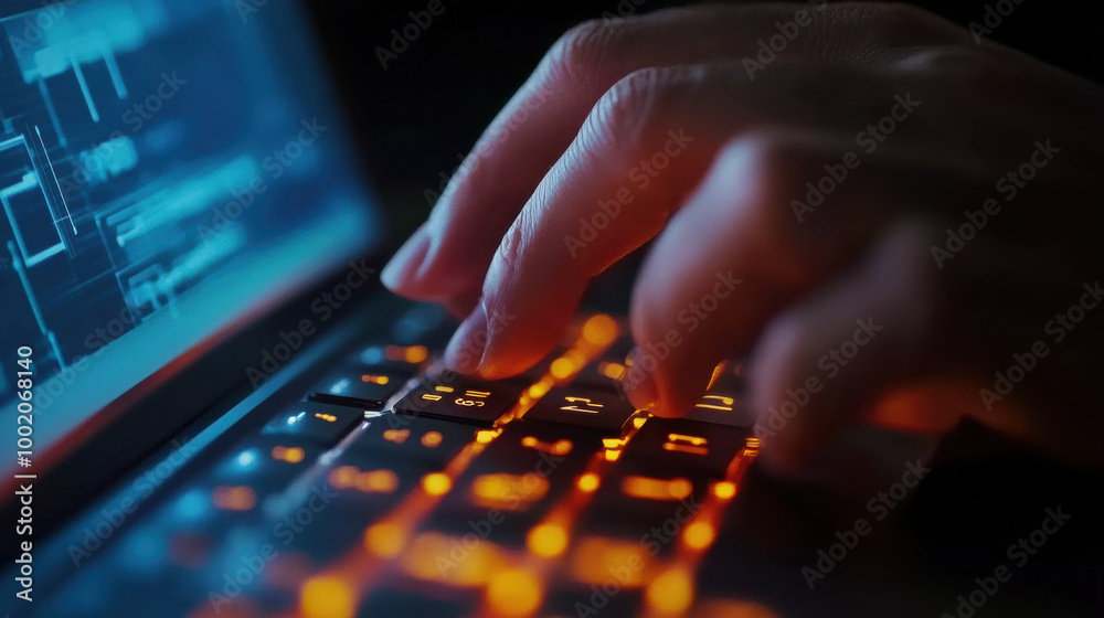 Fototapeta premium consultants hand is pressing button on laptop, showcasing modern keyboard with illuminated keys. scene conveys sense of focus and technology