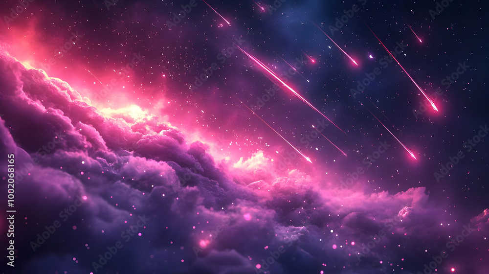 Stunning cosmic view of swirling clouds and shooting stars in a vibrant purple and pink universe. Stunning cosmic view of swirling clouds and shooting stars in a vibrant purple and pink universe.