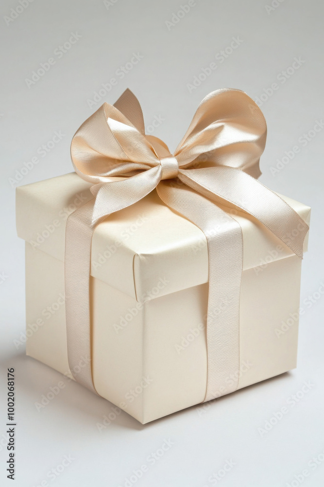 Elegant ivory gift box adorned with a large satin bow, creating a sense of luxury and celebration. Elegant ivory gift box adorned with a large satin bow, creating a sense of luxury and celebration.