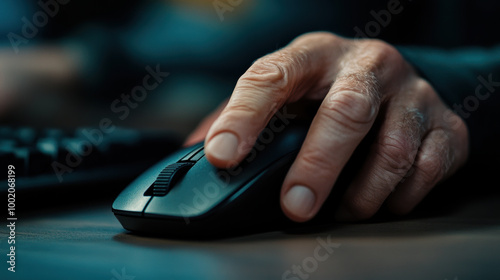 consultants hand is resting on computer mouse while navigating through tasks, showcasing focus and concentration in professional environment