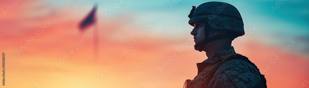 soldier stands at attention against vibrant sunset, with flag flying in background, embodying pride and dedication soldier stands at attention against vibrant sunset, with flag flying in background, embodying pride and dedication