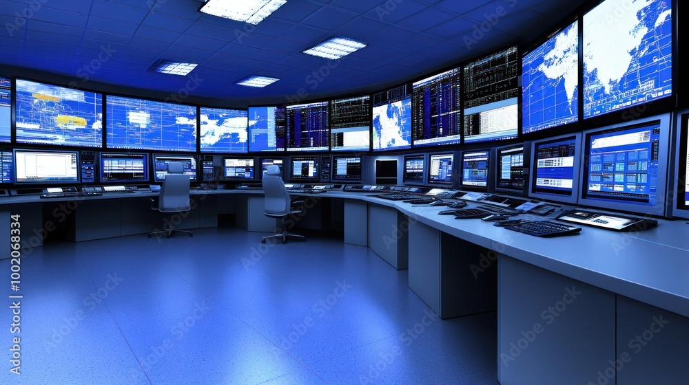 A modern, high-tech control room with multiple screens displaying data and information. A modern, high-tech control room with multiple screens displaying data and information.