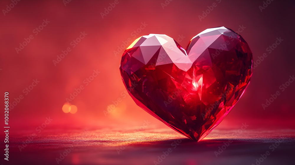 A stunning geometric heart gem glows against a vibrant red background, symbolizing love and passion. A stunning geometric heart gem glows against a vibrant red background, symbolizing love and passion.