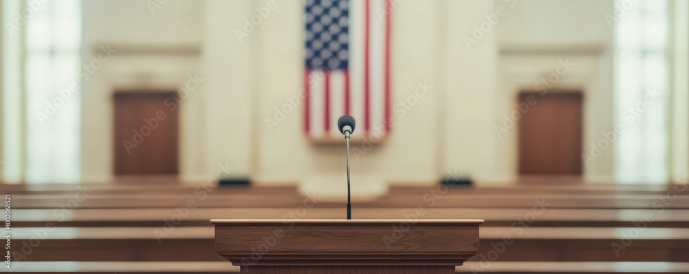 close up view of podium with microphone, set against backdrop of American flag in formal setting. This image evokes sense of patriotism and solemnity, perfect for events honoring veterans