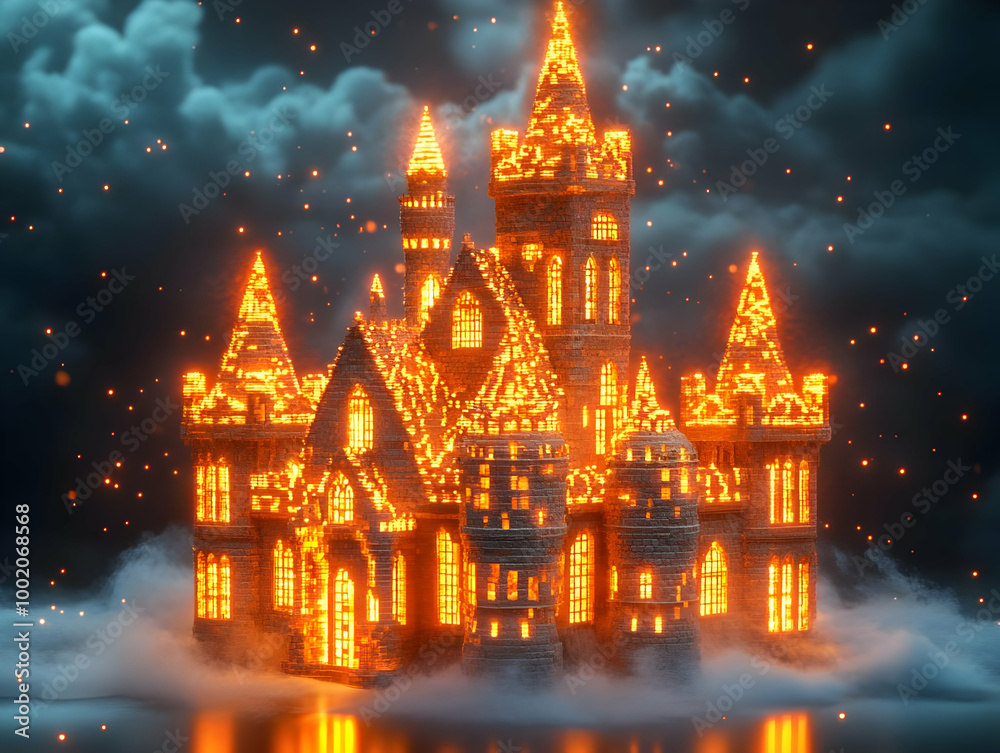 A magnificent castle illuminated in fiery orange against a stormy backdrop, evoking a sense of wonder and mystery. A magnificent castle illuminated in fiery orange against a stormy backdrop, evoking a sense of wonder and mystery.