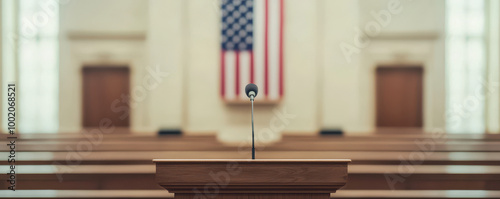 Obraz na płótnie close up view of podium with microphone, set against backdrop of American flag in formal setting. This image evokes sense of patriotism and solemnity, perfect for events honoring veterans w salonie