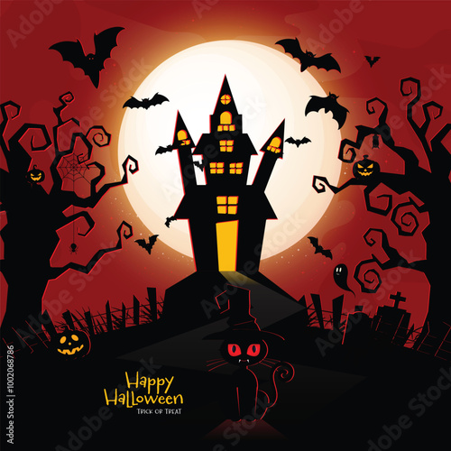 Happy halloween banner or party invitation background with violet fog clouds, ghost and pumpkins photo