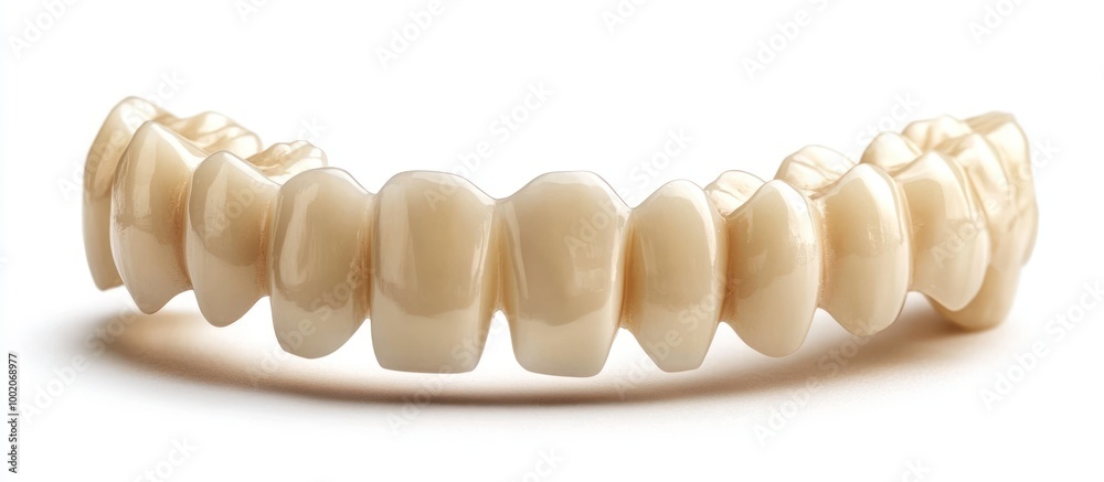 Close-up of a dental bridge, a set of artificial teeth, isolated on a white background. Close-up of a dental bridge, a set of artificial teeth, isolated on a white background.