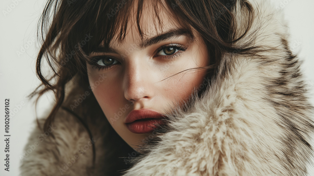 Intense Portrait of Woman in Fur Collar with Natural Expression Intense Portrait of Woman in Fur Collar with Natural Expression